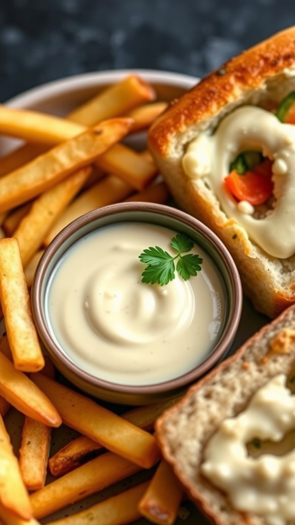 Creamy garlic aioli in a bowl with fries and a sandwich.